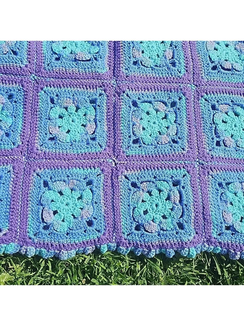 Hand Crafted Purple Blue Aqua Crochet Blanket Granny Square Throw